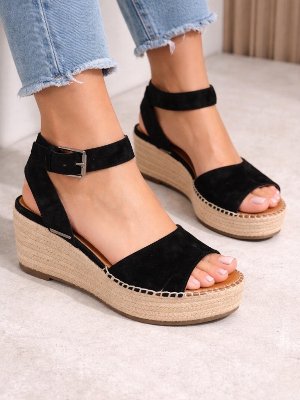 SARTO By Franco Sarto Black Suede Leather Espadrille Wedge Sandals Size 8